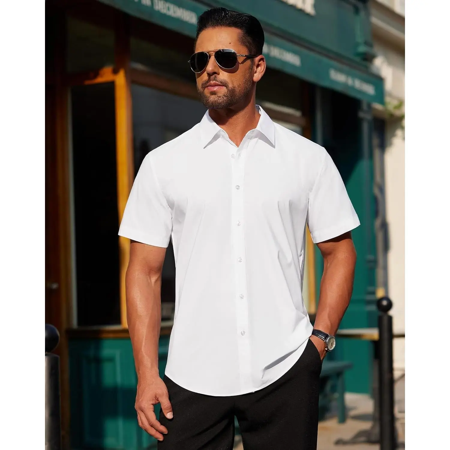 Mens Short Sleeve Button Down Shirt Stretch Business Casual Dress Shirts  Solid Summer Wedding Prom Tops - TikTok Shop