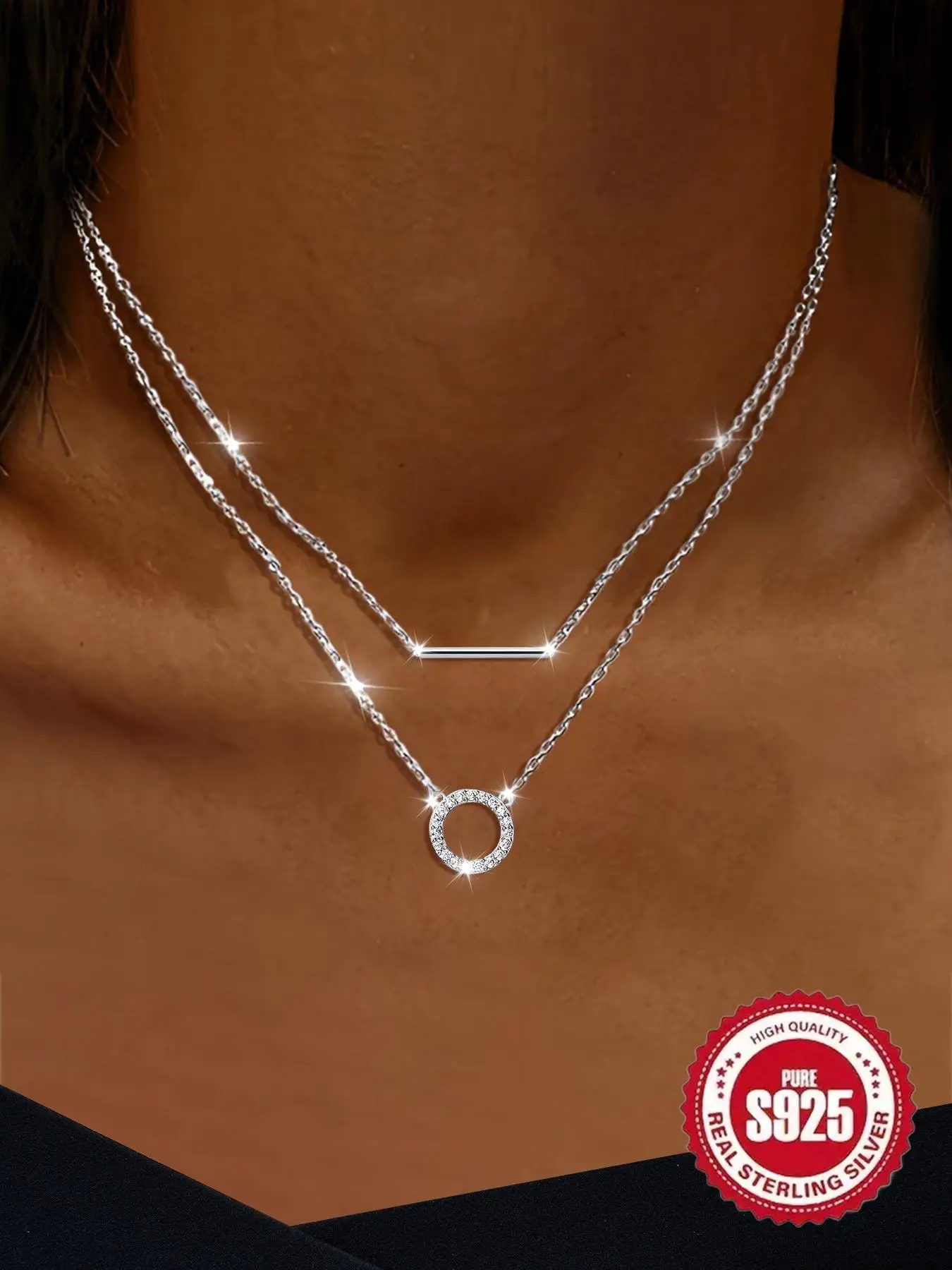 925 Sterling Silver Rhinestone Decor Ring Design Layered Necklace, Fashion Jewelry for Party, Daily Clothing Decor, Trendy All-match & Exquisite Jewel