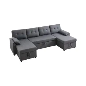 VEVOR U Shaped Sofa Bed, Convertible Sofa Bed with 2 Side Pockets, 2 Pillows and Double Chaise, 6-Seat Pull Out Sleeper Couch with Large Storage Capacity for Living Room, Apartment, Metal Frame, Gray