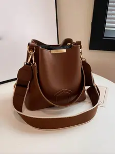 Women's Elegant PU Leather Bucket Bag, Fashionable Vintage Classic Texture Shoulder Bag with Wide Strap, Casual Versatile Crossbody Bag for Work, Commuting, Dating, Shopping and Daily Use