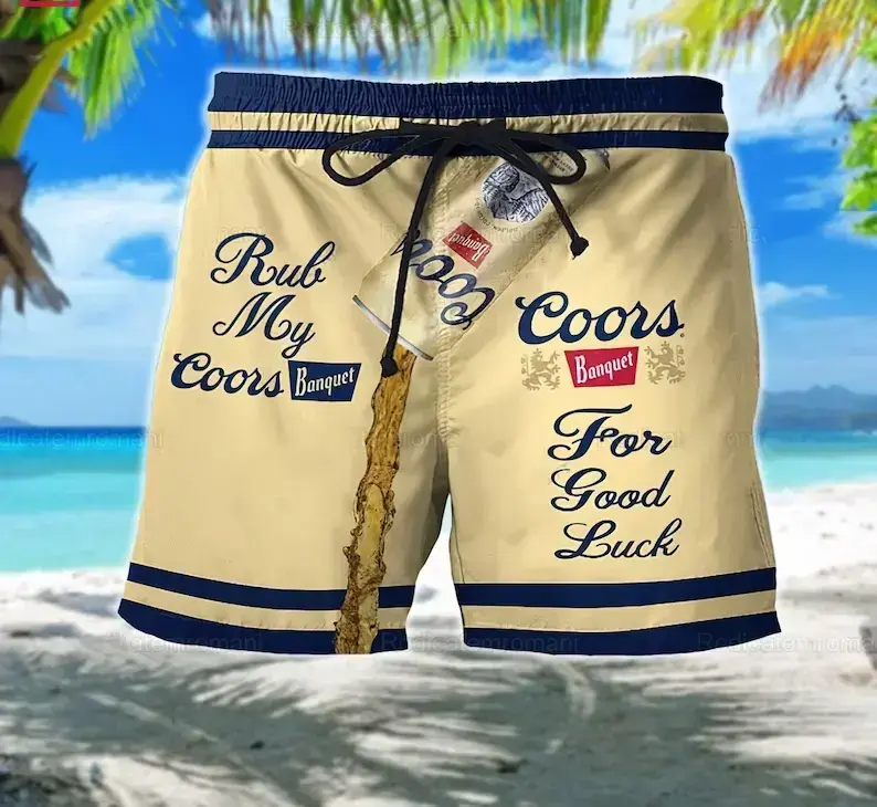 C00rs Banquet Rub My C00rs For Good Luck Funny Beer Spill Beach Shorts Men Women Hawaiian Swim Trunks Cream Navy Summer Casual Festival Streetwear Loose Comfort