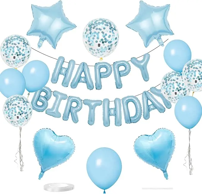 27 Pcs Light Blue Birthday Decorations, 3D Letters Light Blue Happy Birthday Balloon Banner, Pentagram Heart Foil Balloons Confetti Balloons Kit For Boys Girls Birthday Party Supplies
