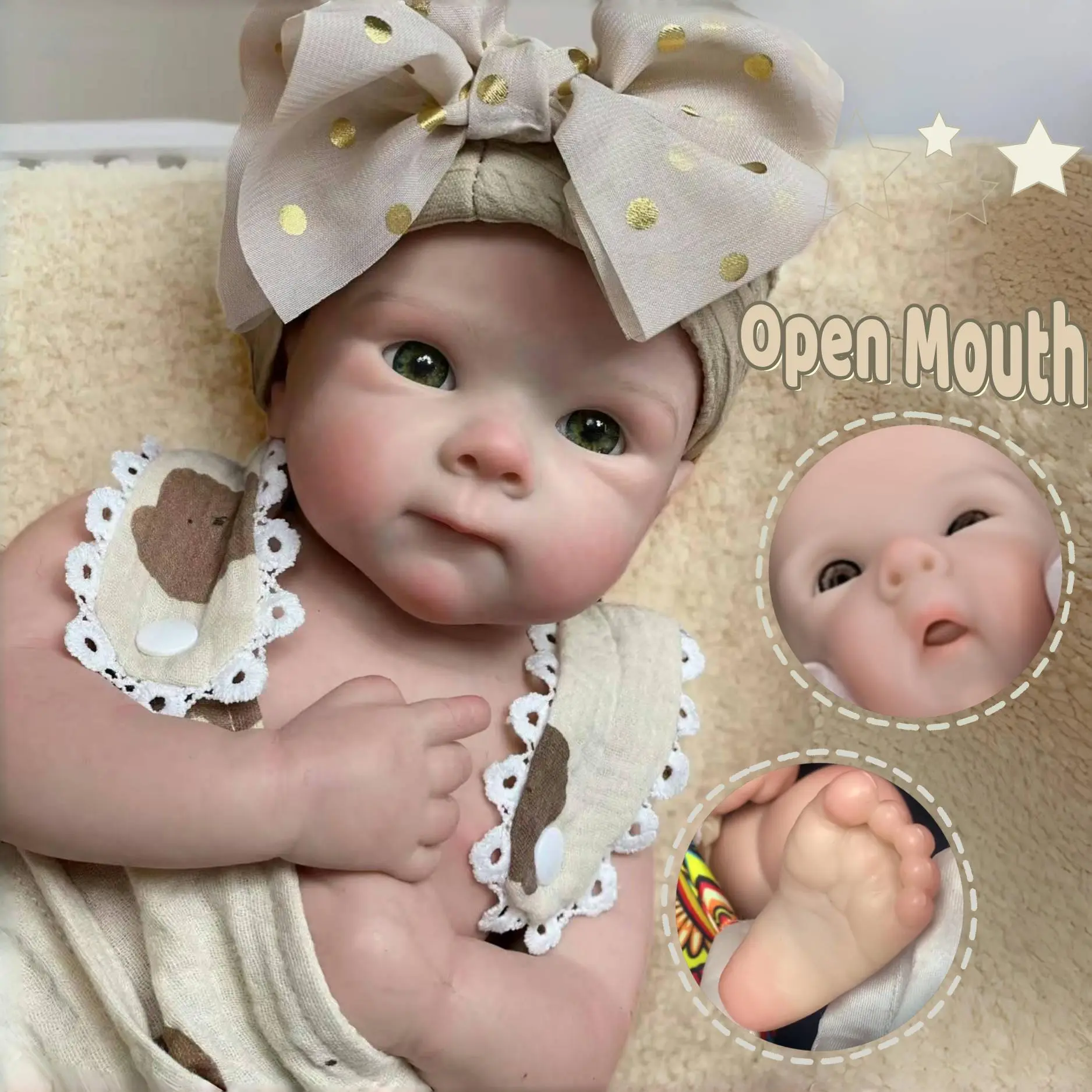 Otarddolls 17in/44cm Open Mouth Bald Reborn Girl Doll Bettie - Full Body Soft Solid Washable Silicone, Detailed Painted, Doll Clothes Compatible, Collectible Festival Gift Toy, Clothes For Dolls, Collectibles