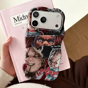 Chucky Horror Collage Phone Case ,Cute Wavy Curved Edge Glossy Protective Shockproof Rugged Cover, Dual Layer Soft TPU Bumper Hard Shell Design for iPhone 11 12 13 14 15 16 17 Pro Max Air, Spooky Good Guys Doll Design