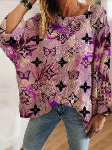 Women's Boho Butterfly Floral Knit Top, Loose-Fitting Batwing Shoulder, Casual Elegant Vacation Style, Comfortable Breathable Sweater, Knitwear, Womenswear
