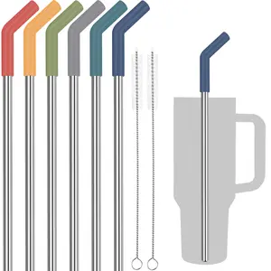 Tomorotec 6PCS Stainless Steel Straws with Silicone Tips Fit for Stanley 40oz Tumbler, 13-Inch Reusable Straw Set with Colorful Extenders & 2 Brushes, Compatible with Wide Mouth Cups