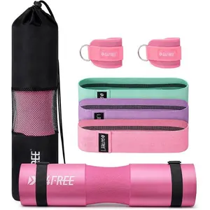 STYRKE 2/8/9Pcs Barbell Pad Set,Hip Thrust Pad, Squat Pad,Gym Accessories for Women with Bar Pad for Hip Thrust,Lifting Wrist Straps,Ankle Straps for Cable Machines Women,Resistance Bands,Carry Bag 8Pcs Pink