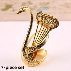 Stainless Steel Coffee Spoon Set, Includes 6 Counts Swans & 1 Count Swan Base, Ideal for Espresso, Latte, Cappuccino, Durable Metal Drinkware