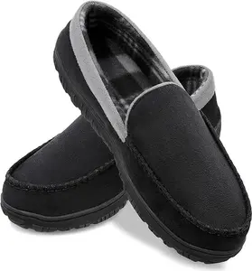 SHOESLOCKER Men's Round Toe Casual Slip-On Moccasin Slippers - Memory Foam Cushioned, Soft Fabric Interior, Non-Slip TPR Plush, Indoor/Outdoor, All Seasons, Black/Brown/Grey, Comfortable & Stylish, Boy Flipflop