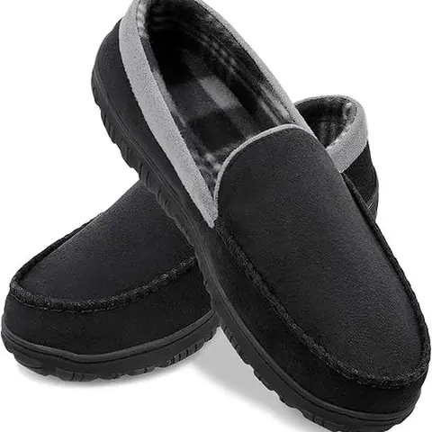SHOESLOCKER Men's Round Toe Casual Slip-On Moccasin Slippers - Memory Foam Cushioned, Soft Fabric Interior, Non-Slip TPR Plush, Indoor/Outdoor, All Seasons, Black/Brown/Grey, Comfortable & Stylish, Boy Flipflop tiktokshopbacktoschool