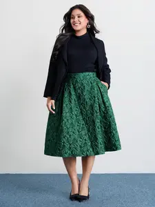 BLOOMCHIC Women's Plus Size Dark Green Floral Jacquard Pinch Pleated Midi Skirt - Bodycon Fitted, Low Stretch, Slanted Pocket, Classic Lady Bottoms, 100% Polyester Smooth Fabric, M-6X, 2026 Summer Plus Size Clothes Pick 2026 Summer Vibes Darkgreen