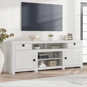 Farmhouse TV Stand for 80 Inch TVs,  with 4 Storage Drawers & 3 Open Shelf, White Television Consoles Stands for Living Room, Bedroom