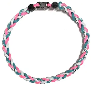 Baseball 3 Rope Braid Tornado Energy Necklace Pink Teal White