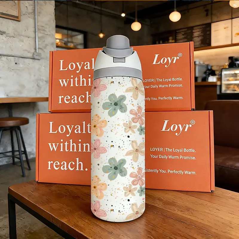 Loyr 32oz Dual-Drink Water Bottle, Elegant Floral Pattern Large Capacity Insulated Cup, Stainless Steel Sports Flask for Men Women