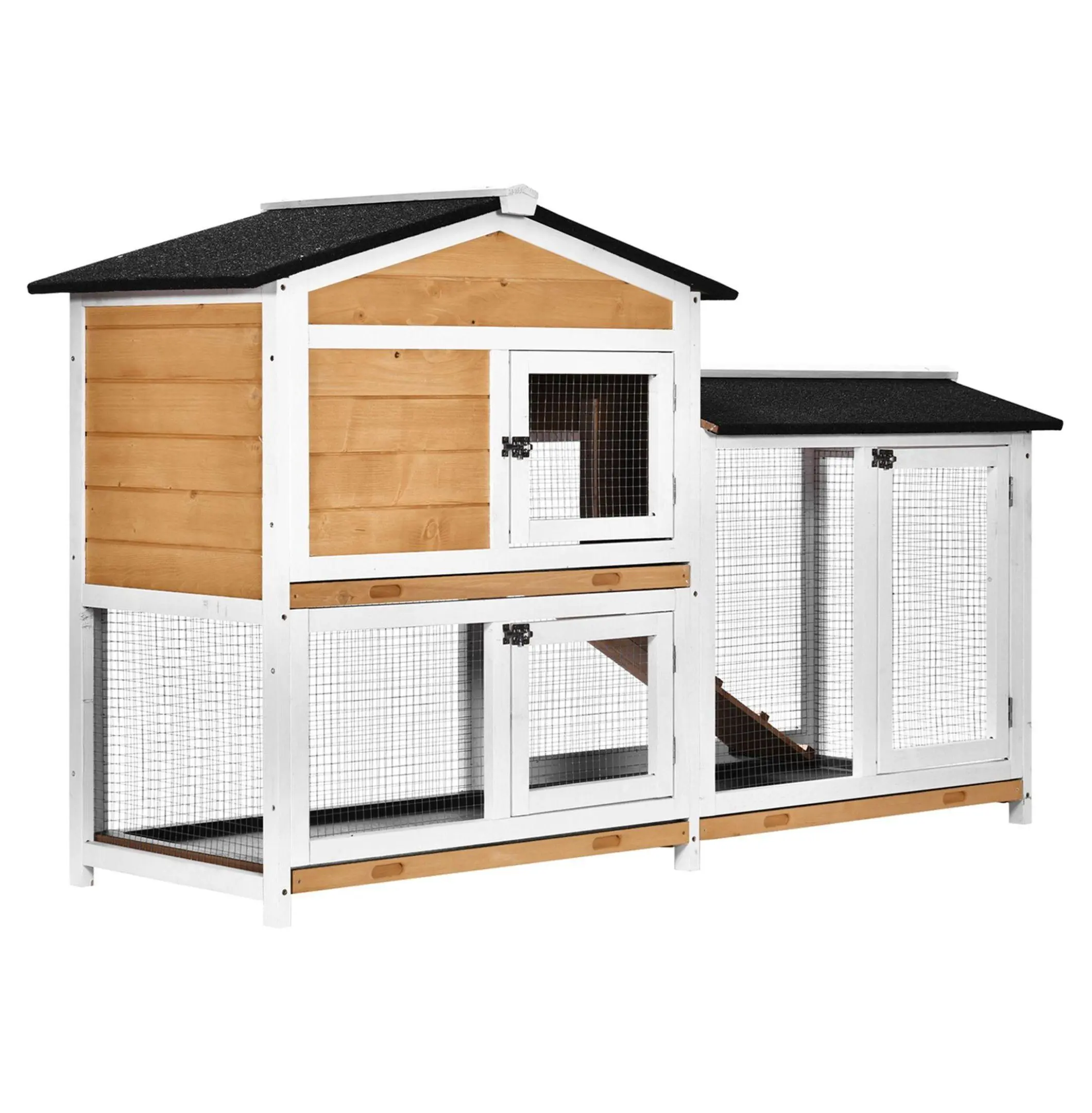 Fir Wood 2-Story Rabbit Hutch - Bunny Hutches for 1-3 Rabbits, Small-Medium Indoor-Outdoor Pet House with Mesh, Ramp, Weatherproof Roof, 24"l x 6.25"w & 27.5"l x 17"w Dimensions, Yellow