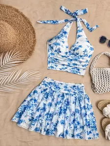 Women's All Over Print Bikini Set, Boho Fashion Casual Halter Neck Swim Top & Skirt Set, Ladies Swimsuit for Beach Holiday Vacation, Floral Pattern Tankini
