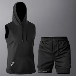 2-Pack men's solid-color hooded vest set, drawstring sleeveless T-shirt and outdoor shorts, cool, breathable, quick-drying, soft and comfortable fitness set, suitable for daily exercise, running, cycling, fishing, basketball and other sports activities an