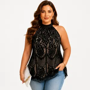 Plus Size Lace Halter Top for Women – Sheer Floral Sleeveless Blouse, Flowy Tunic Sexy Going Out Top