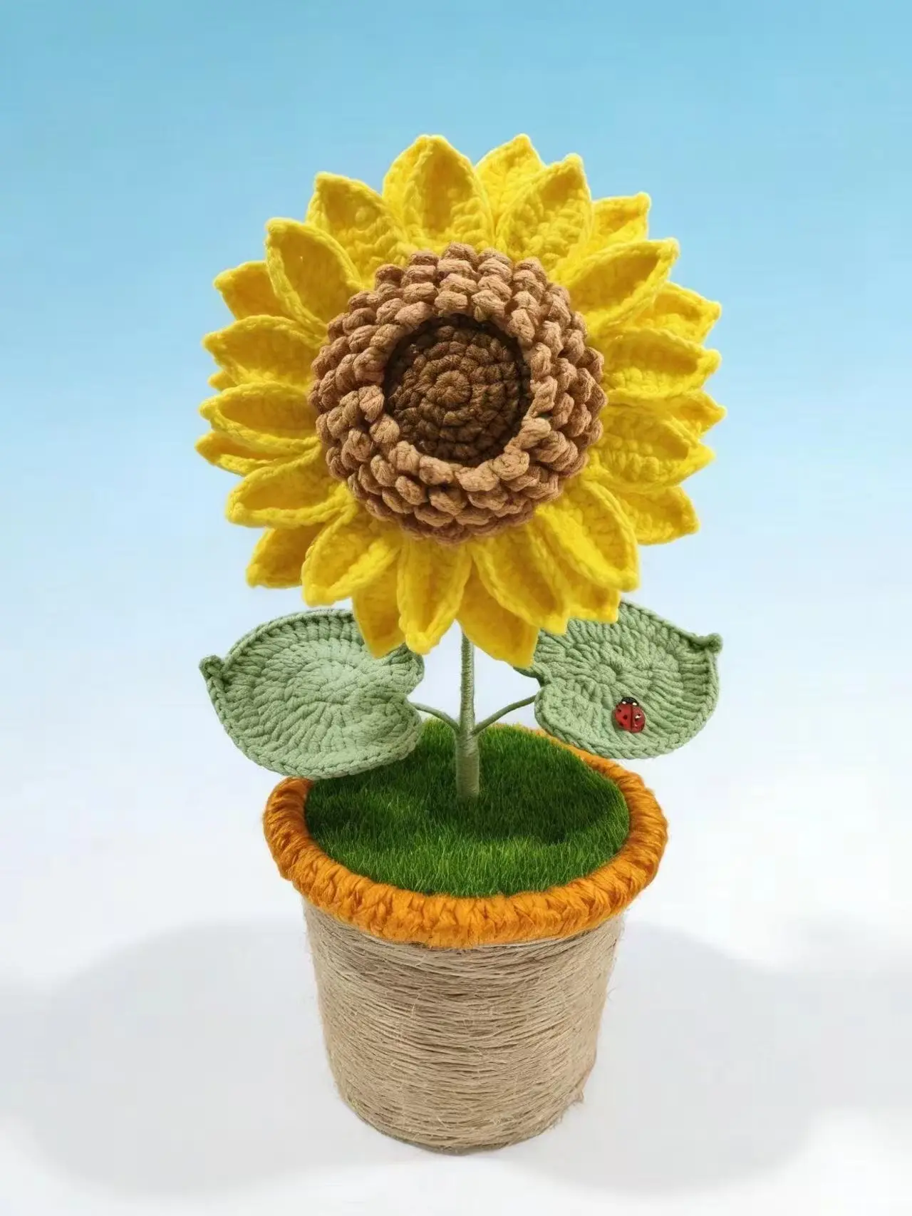 Artisanal hand-crocheted sunflower including a greeting card, a sincere present for Valentine's Day & Mother's Day, perfect as tabletop home decor accent.