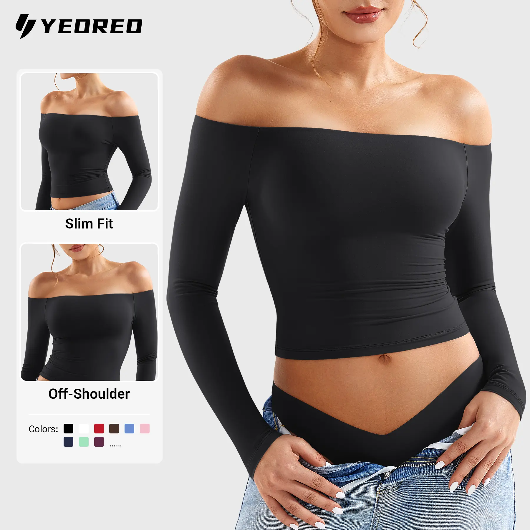 YEOREO Ease Women Off Shoulder Long Sleeve Shirts Double Lined Basic Top Under Shirt Y2K Going Out Tops,outdoorfun