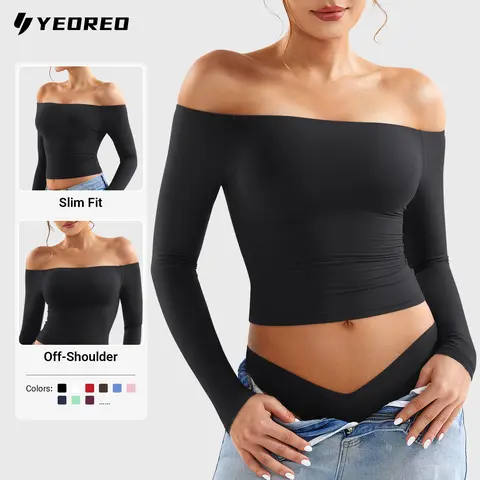 YEOREO Ease Women Off Shoulder Long Sleeve Shirts Double Lined Basic Top Under Shirt Y2K Going Out Tops,outdoorfun