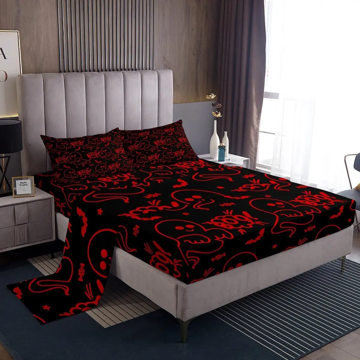 Feelyou Halloween Cartoon Ghost Print Decorative Bedding Set - Red Microfiber Soft Bedding Set with Deep Pockets Fitted Bed Sheet, Multi-Size Option for Kids, Soft Bedding Sets