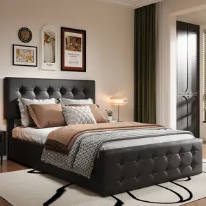 Full Size Black Faux Leather Upholstered Platform Bed Frame Button Tufted Headboard with 4 Storage Drawers Wooden Slats Support No Box Spring Needed Easy Assembly Modern Bedroom Furniture for Home Guest Room