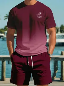 Men's Gradient Color Short Sleeve T-Shirt Set, Summer Casual Sports Wear, Fashion Beach, Summer Sportswear, Sunscreen Breathable Quick Dry Fabric, Sporty Set