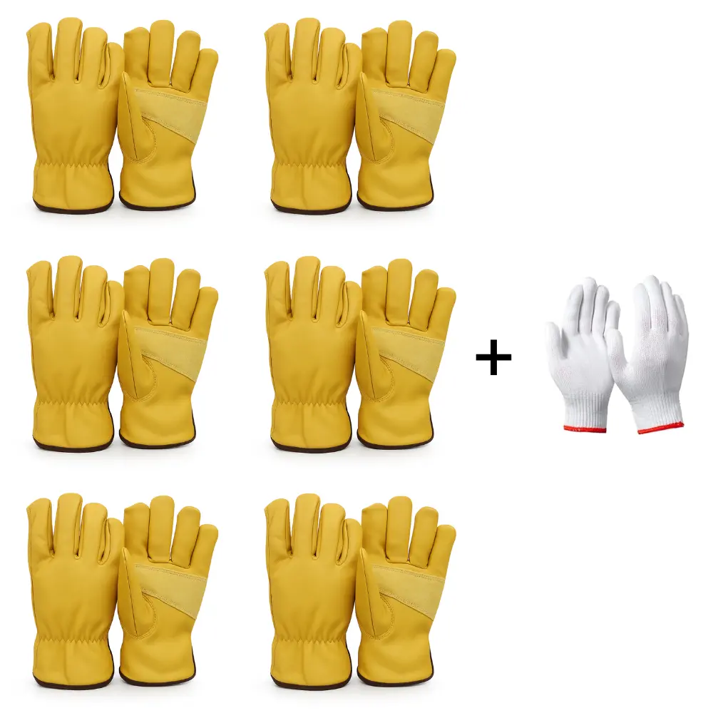 6-Pair Cow Grain Leather Work Gloves, Soft Full Grain Leather, Durable Anti-Slip Grip, Safety Work Gloves for Construction, Farming & Outdoor Use