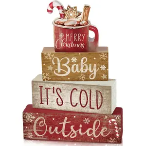 4 Pcs Christmas Table Decor Wooden Hot Cocoa Decoration Winter Tiered Tray Set for Home Kitchen Farmhouse Xmas Centerpiece Gift