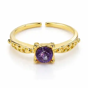Four-Prong Center Purple CZ Engraved Textured Gold Stack RingHypoallergenic Solid Stainless Steel Band | Quiet Luxury Accessory for Office, Brunch & Date Night Outfits!