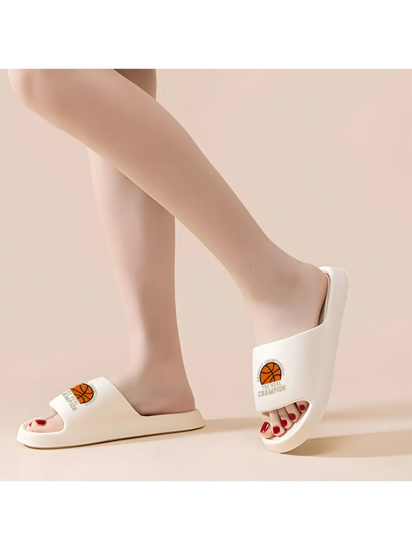 Varsity Championship Basketball Slippers for Men and Women, Retro Style Non-Slip Indoor Outdoor Slides, Comfortable Lightweight Fuzzy House Slippers with The Real Champion Print, Perfect for Basketbal