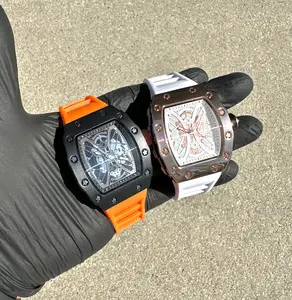 Skeleton Dial Luxury Hiphop Rubber Strap Tonneau Shape Watch