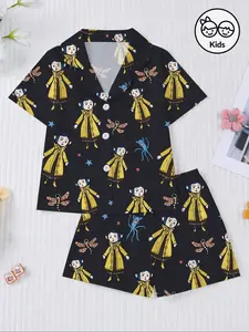 Halloween Ghost Bride Print Kids Pajama Set, Fire-Resistant Fabric, Knit Fabric, Cute Style Sleepwear, Short Sleeve Shirt & Elastic Shorts