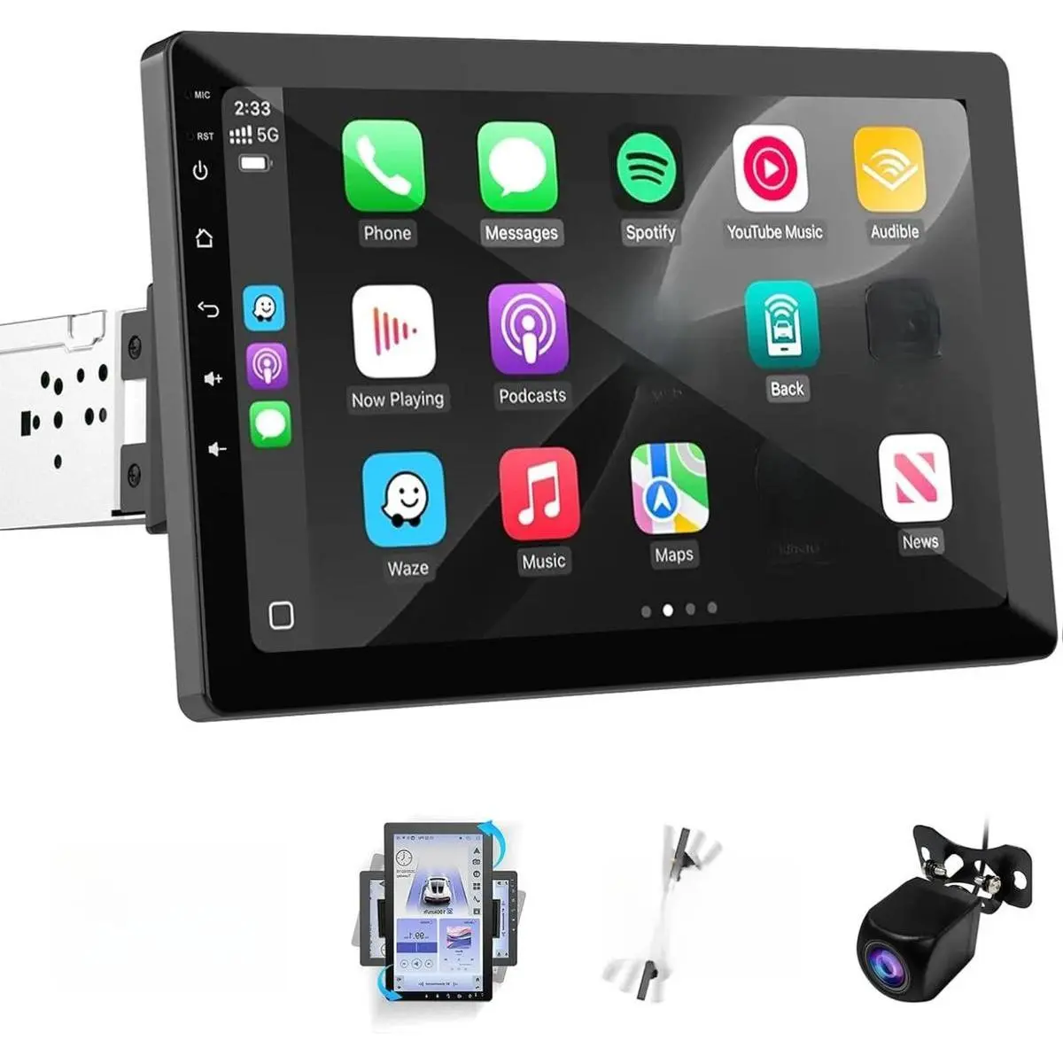 10.1inch Single DIN Car Stereo with Wireless Apple CarPlay and Android Auto Function, Rotatable Touch Screen, GPS, Bluetooth, WiFi, AM/FM Radio, Rearview Camera, Mirror Link