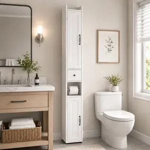 67.51" Tall Narrow Bathroom Floor Standing Cabinet - Adjustable Shelves, Slender Design, Open Compartments, 2 Doors, Anti-Tipping Tall Cupboard