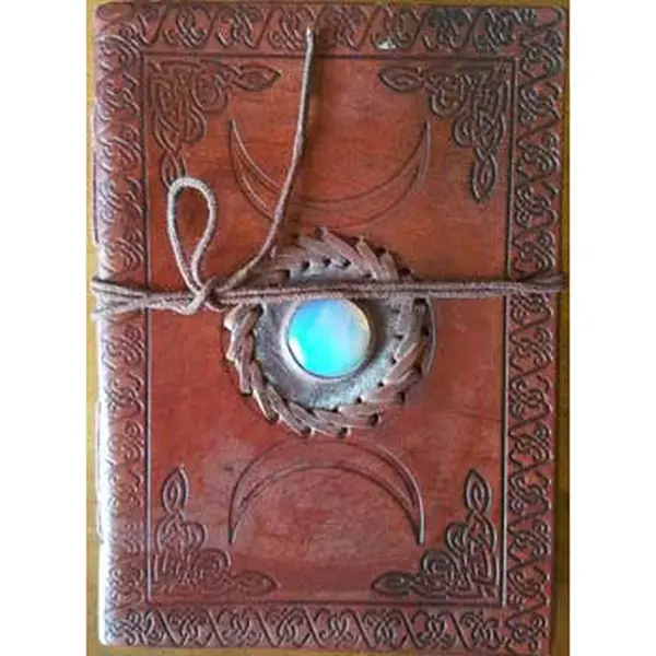 Embossed Triple Moon Symbol Hand-Tooled Leather Journal - 5in x 7in, 200 Pages, Opalite Inlay, Cross-Stitched Spine, Cord Closure, Handmade Pages for Goddess Path Journaling (Office Stationery Notebook)