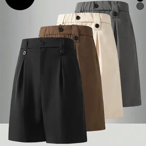 4-pack men’s suit shorts for summer—drapey, wrinkle-resistant suit fabric that is lightweight and breathable; suitable for work/commuting, shopping, dates, and everyday outings.