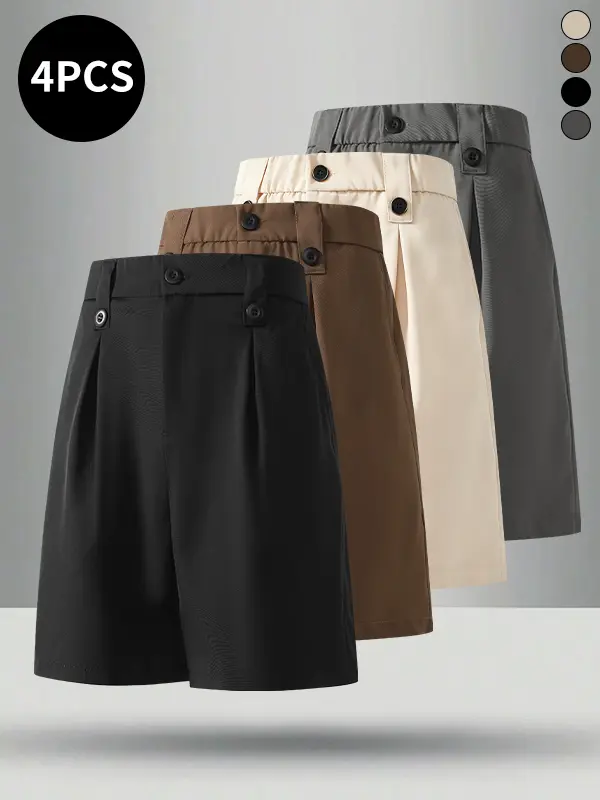4-pack men’s suit shorts for summer—drapey, wrinkle-resistant suit fabric that is lightweight and breathable; suitable for work/commuting, shopping, dates, and everyday outings.