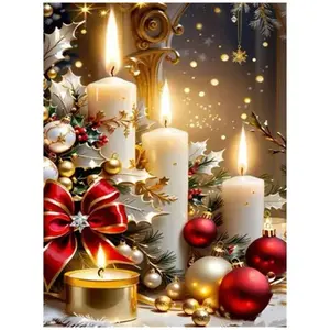 Christmas candles with ornaments and pine branches wall art ，Multiple sizes available including square and round diamonds. This 5D DIY diamond painting set diamond art embroidery kit handmade furniture decor holiday birthday art personalized gift.