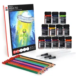 Marabu Watercolor Paint Set - Premium Quality Watercolor Paper, 20 Sheets A4 220 GSM - 12 Watercolor Pencils, 12 Watercolor Paint Inks and 3 Water-Fillable Brush Set