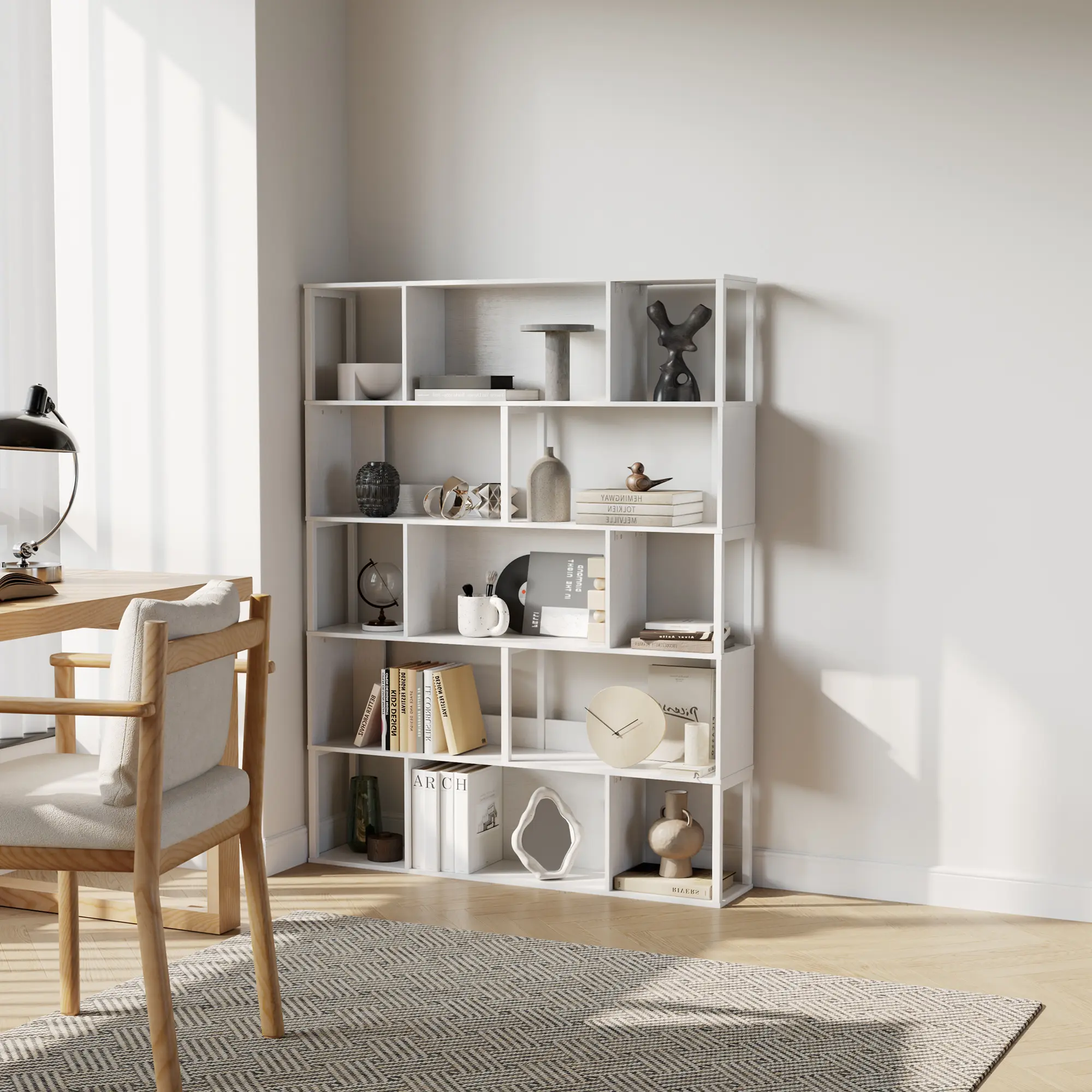 5-Tier Tall Geometric Bookshelf – Black Metal Standing Shelf Unit – Narrow Display Rack & Bookcase – For Living Room, Home Office – Anti-Tip Design, White/Black/Brown