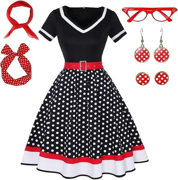 GRAJTCIN Lady's 2-Piece Vintage 50s Vibe Polka Dot Short-Sleeve Soft Swing Dress Set - Fitted, Shiny, Fringe, Headband, Soft Fabric for Rockabilly Pin-Up Evening, Everyday Use & Halloween Costume Ideas (Includes Accessories)