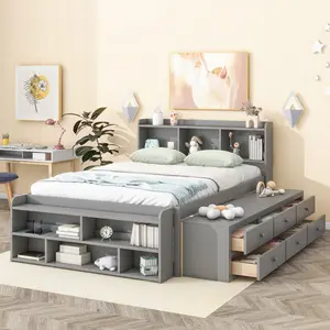 Full Size Storage Bed with Bookcase Headboard, Wooden Platform Bed with Under bed 6 Storage Drawers and Bed End Storage Case, No Box Spring Needed