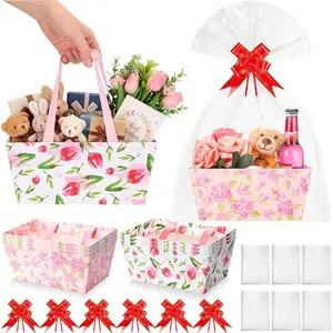 6 Pack Mother's Day Paper Basket for Gifts Empty with Cellophane Bag Pull Bows Spring  Basket Mother's Day Box for Party Favors, 9.8 x 6.5 Inch