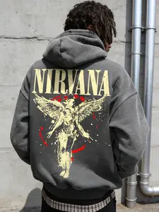Nirvana Band Angel Graphic Print Hoodie, Vintage Washed Distressed Cotton Pullover, Fall & Winter Casual Streetwear, Warm Soft Skin-Friendly Fabric, Loose Fit Design, Menswear, Vibe