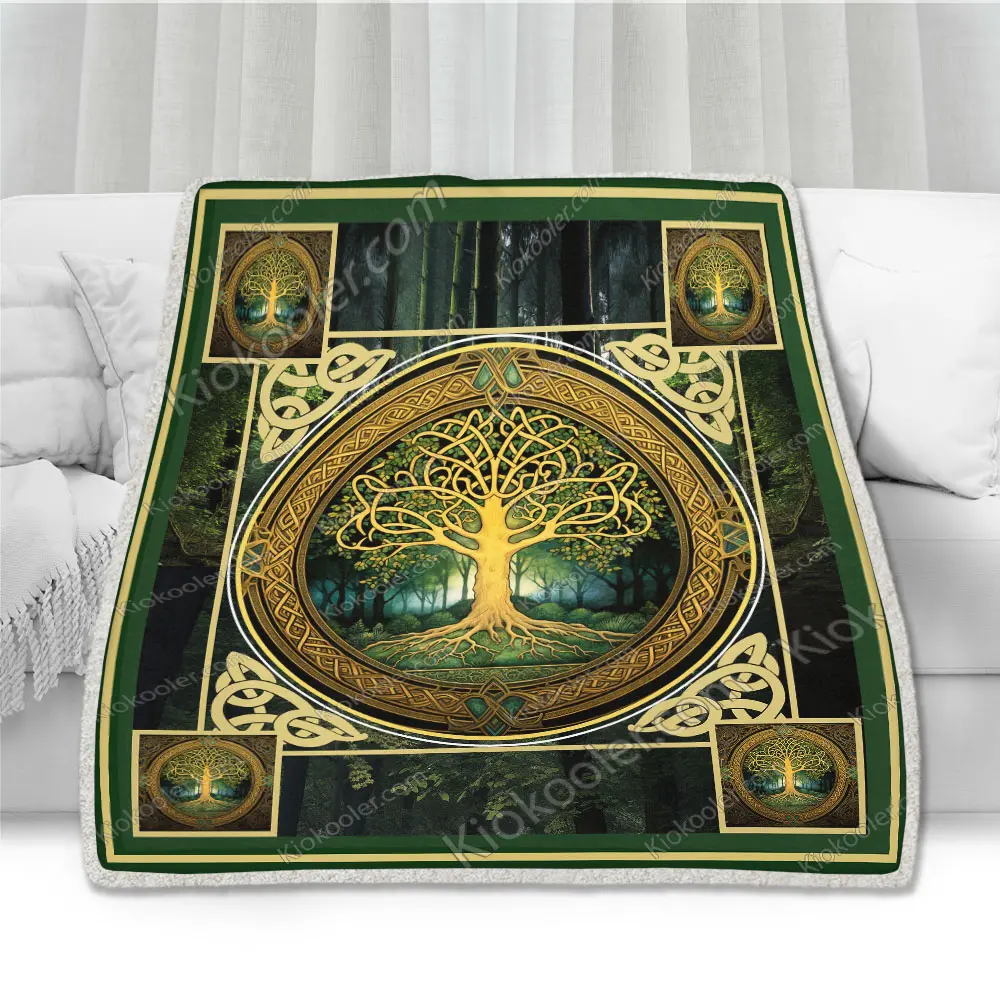 Irish Celtic Tree of Life Blanket, Celtic Decor, Celtic Lovers Gift, Pattern On Green Sofa Throw Blanket Comfort Warmth Soft Blanket Fleece Blanket, Sherpa Blanket