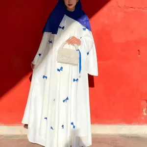 Women Dress Bow Loose Abaya Dubai Caftan Muslim Eid Arab Flare Sleeve Long Robe Vestidos Largos Jalabiya Ramadan Morocco Dresses