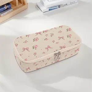 Rose Bow Print Large Capacity Pencil Case, Durable Multi-Functional Storage Bag, Portable Zipper Box for School Office Supplies, Office Stationery Supplies