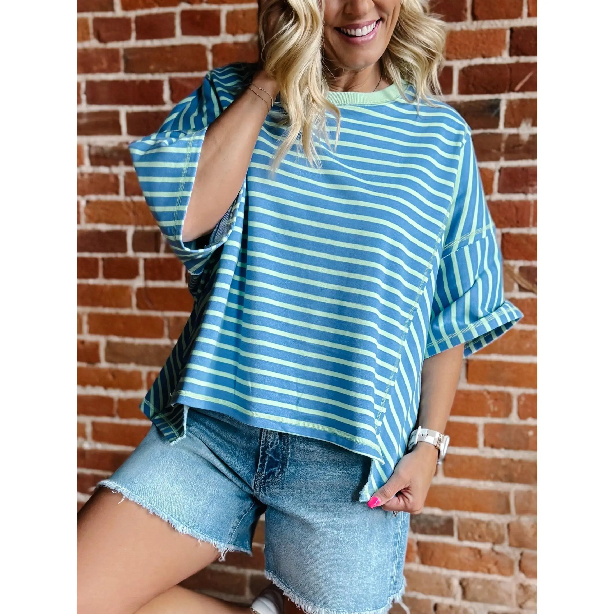 Fresh Feel Striped Top, Dusty Blue/Mint
